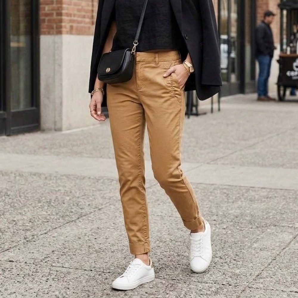 Massimo Dutti Tan Camel Slim Fit Cuffed Chino Trousers Mid-Rise - Size 6